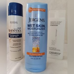 Jergens wet skin moisturizer / Giovanni deep moisturizer condition / Aveeno.